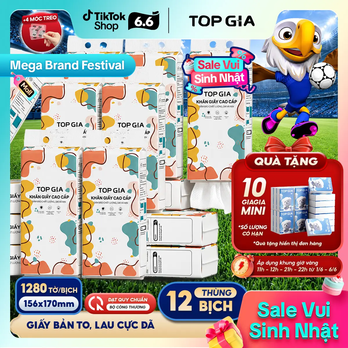(SALE ĐÔI SÔI ĐỘNG - GIẤY BẢN TO) Thùng 12 bịch khăn giấy Size XL CỠ ĐẠI 1280 tờ cao cấp treo tường TopGia, KÍCH THƯỚC GIẤY TO 158X170mm, 4 lớp không bụi mịn, rút tiện lợi Giấy Vệ Sinh (tặng 4 móc treo) đa năng ĐẠT QUY CHUẨN CỦA BỘ CÔNG THƯƠNG (RDS)