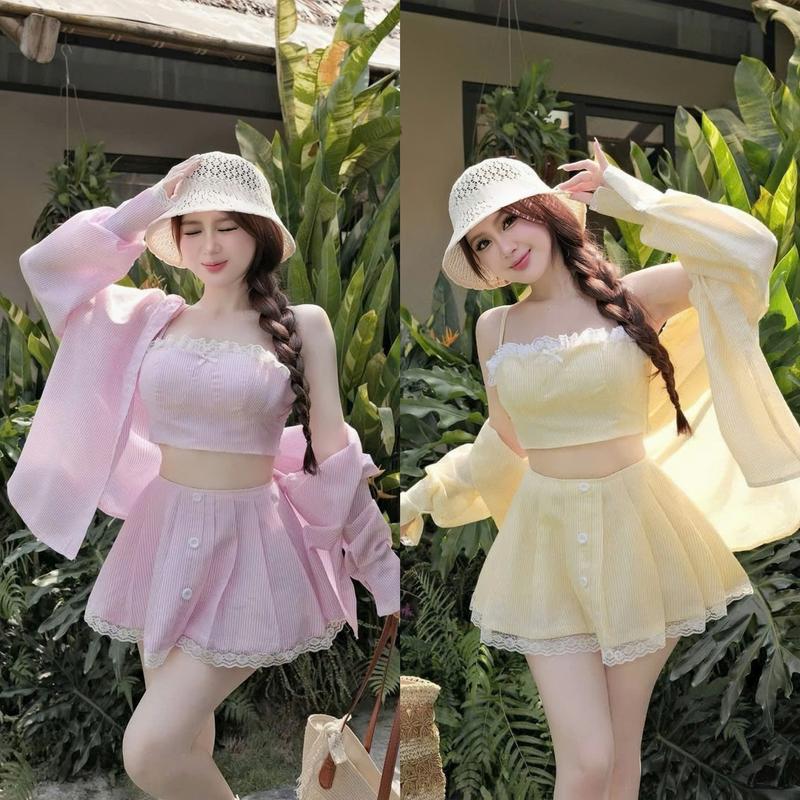 Set đồ nữ 3 món kẻ sọc áo lót croptop 2 dây đính nơ kèm khoác tay dài mix chân váy xòe xếp ly đính nút [Có Mút, Có Lót] Sang chảnh dành cho các nàng diện đi chơi.