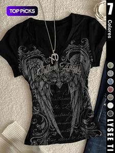 Camiseta de mujer con estampado de alas, estilo retro y2k, moda moderna, cuello en V, manga corta