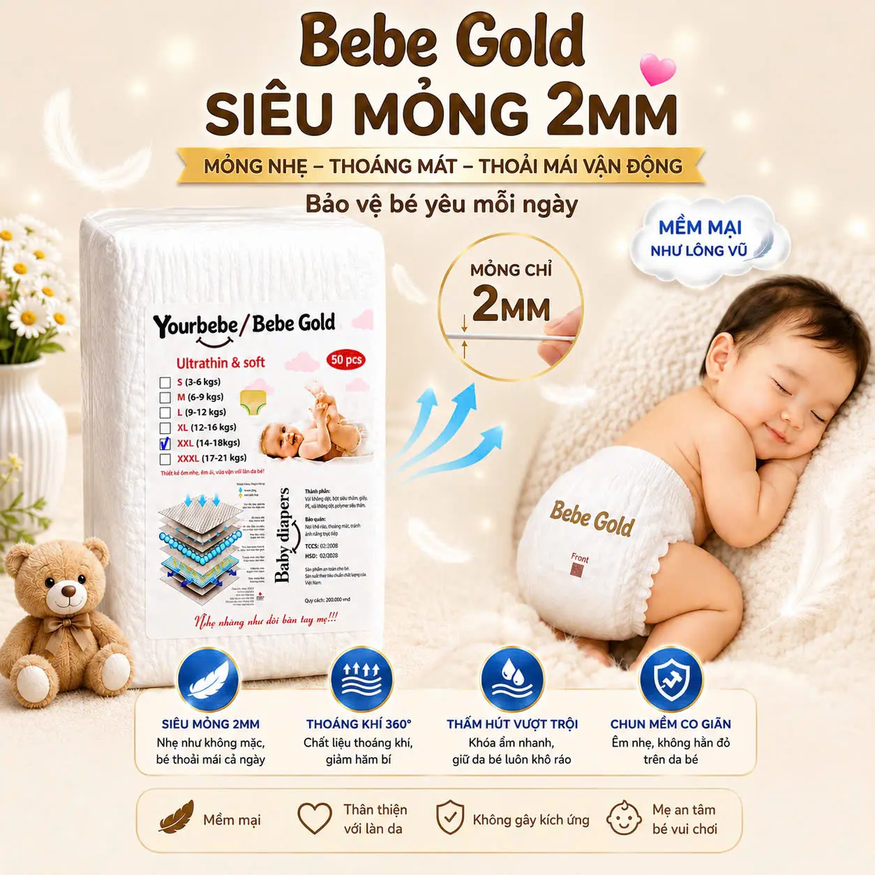 [ Mã  1  ]   Combo 100  Bỉm quần ( Gồm 2 bịch ) bỉm trần BeBe Gold ,Bỉm mỏng 2mm,  form suông , Đủ  size từ  M Đến 3XL, Thấm hút  500ml .