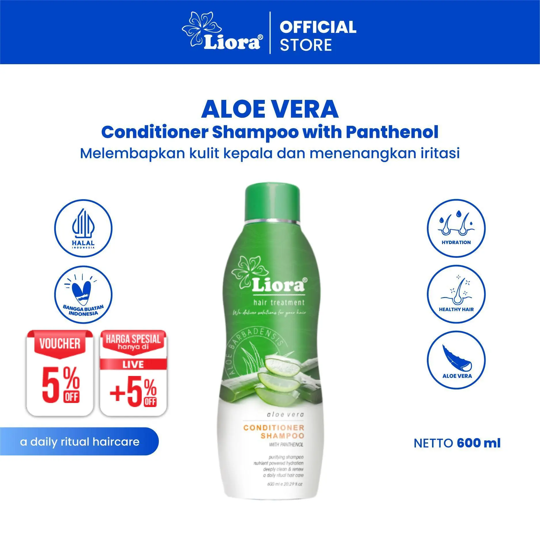 LIORA Natural Shampoo Aloe Vera - 600ML | Perawatan Rambut Sehat & Kuat Mengurangi Ketombe Dengan Panthenol & Olive Oil | Shampo Non SLS