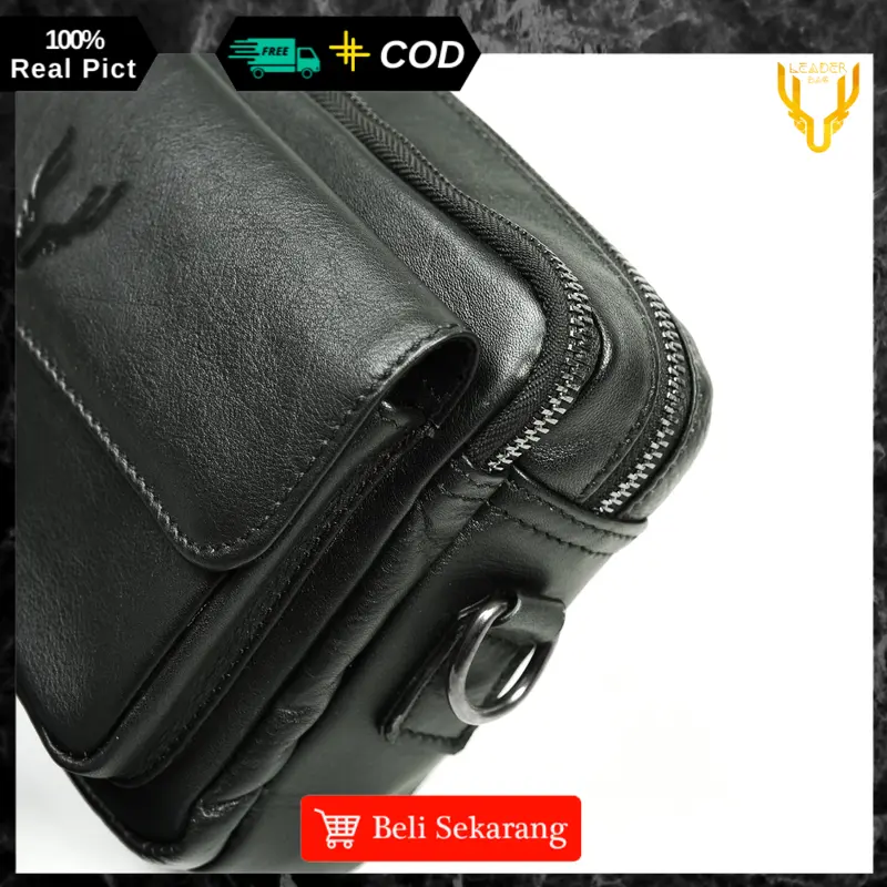 Tas Selempang Pria Kulit Sapi Asli Leaderbag Terbaru Hitam Waterproof Handbag Cowok Keren Branded Premium Multifungsi Clutchbag Slingbag 7