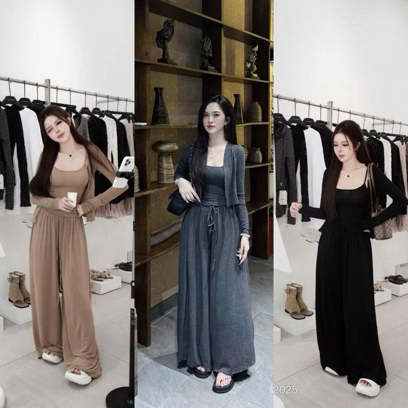  ĐỒ BỘ NỮ SÉT BỘ BA MÓN THUN LẠNH DẺO ÁO HAI DÂY PHỐI QUẦN SUÔNG KÈM ÁO KHOÁC TÔN DÁNG 3 MÀU BIGSIZE 45-85KG bò 