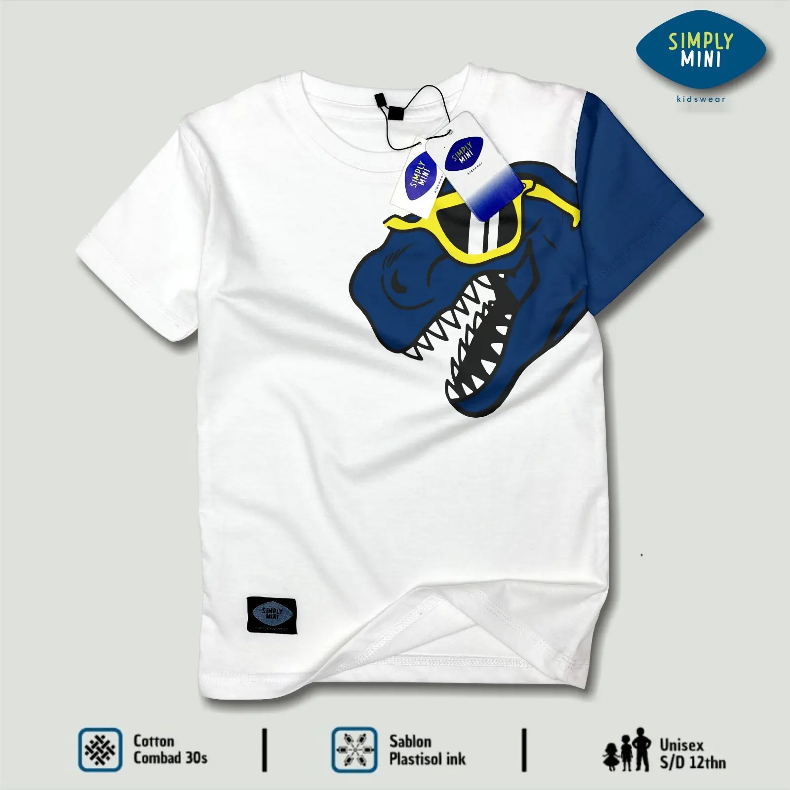 Simplymini 045 Atasan Kaos Anak Laki Laki Cowok Lengan Pendek Gambar Dino Kekinian Warna Putih