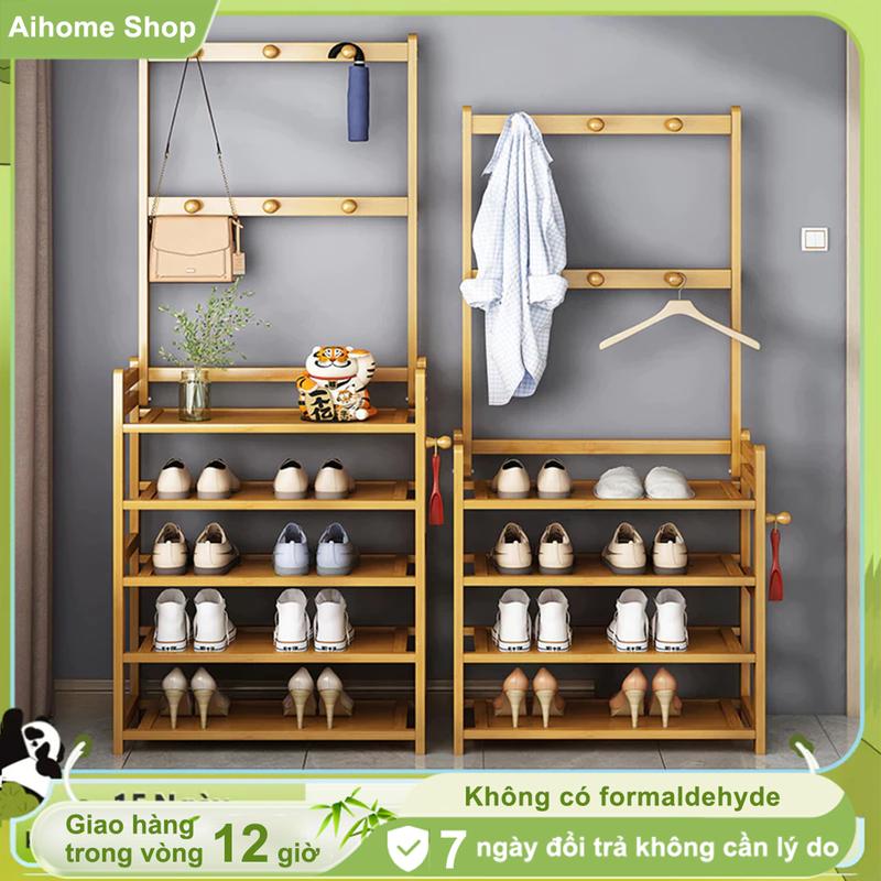 AI Kệ Giày Dép Kết Hợp Chỗ Treo Đồ Đa Năng Tiện Lợi ,Giá Kệ Chữ L 4 Tầng Gỗ Tre Phong Cách Hiện Đại Treo Quần Áo Nón Túi Xách Để Giày Dép chổi tàu dừa omamori himari kệ giày dép đa năng kệ để giày dép kệ giày dép đa năng kệ đựng giày dép