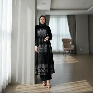 Fillan Wear Setelan Wanita Zulaikha Tunik Ceruty Motif Ethnic Stelan Premium Lebaran Kekinian Bahan Ceruty Double Furing Celana Crinkle Airflow Gaya Premium Free  Jilbab