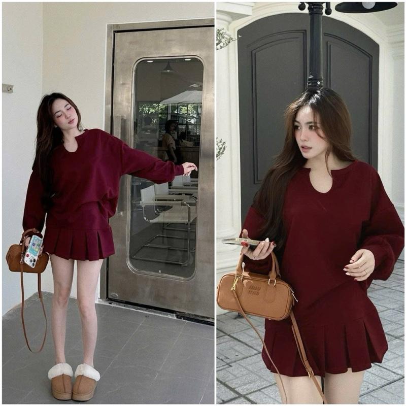  Sét Bộ đồ nữ chất ruby màu đỏ tay dài cổ chữ U mix chân váy xếp ly quần bảo hộ chuẩn from Bigsize :40-90 kg 