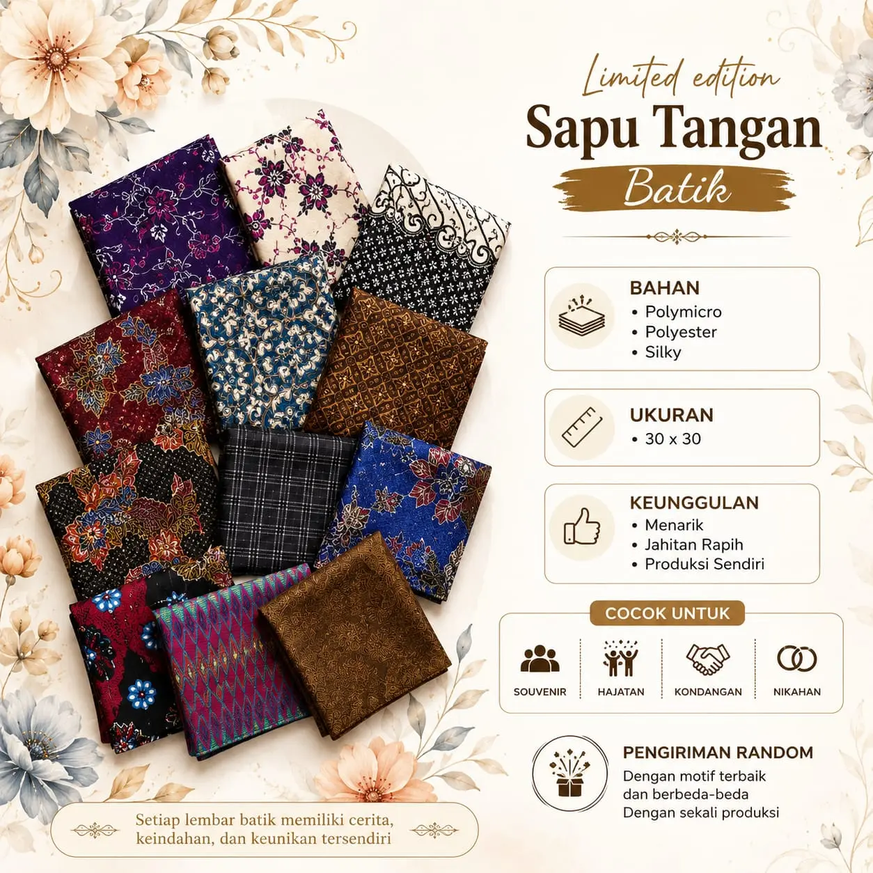 Sapu Tangan Batik 30 x 30 cm Kain Katun Halus Motif Elegan