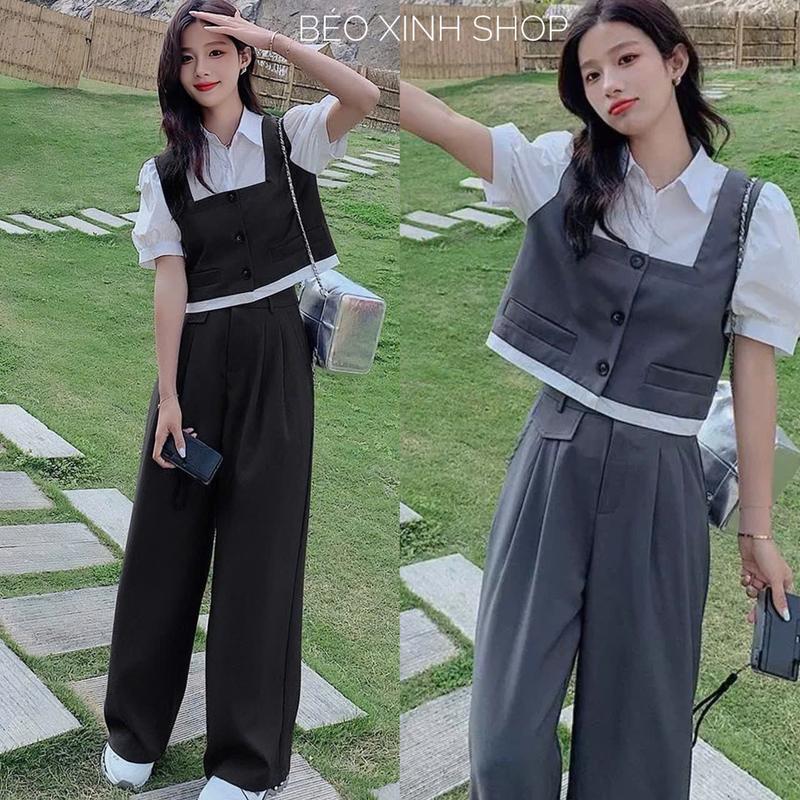 Set Quần Áo Nữ Áo Croptop Gile Phối Sơ Mi Quần Ống Rộng Lưng Cao Vải Cotton Lạnh Cao Cấp Dễ Thương Nữ Top Women Xoè - A.1550