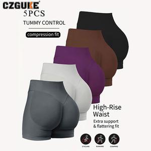 CZGUKE Conjunto de 5 Piezas para Mujer Pantalones Cortos de Gimnasio y Fitness con Cintura Baja de 4,5 Pulgadas Mallas Sin Costuras para Bicicleta Estática y Yoga