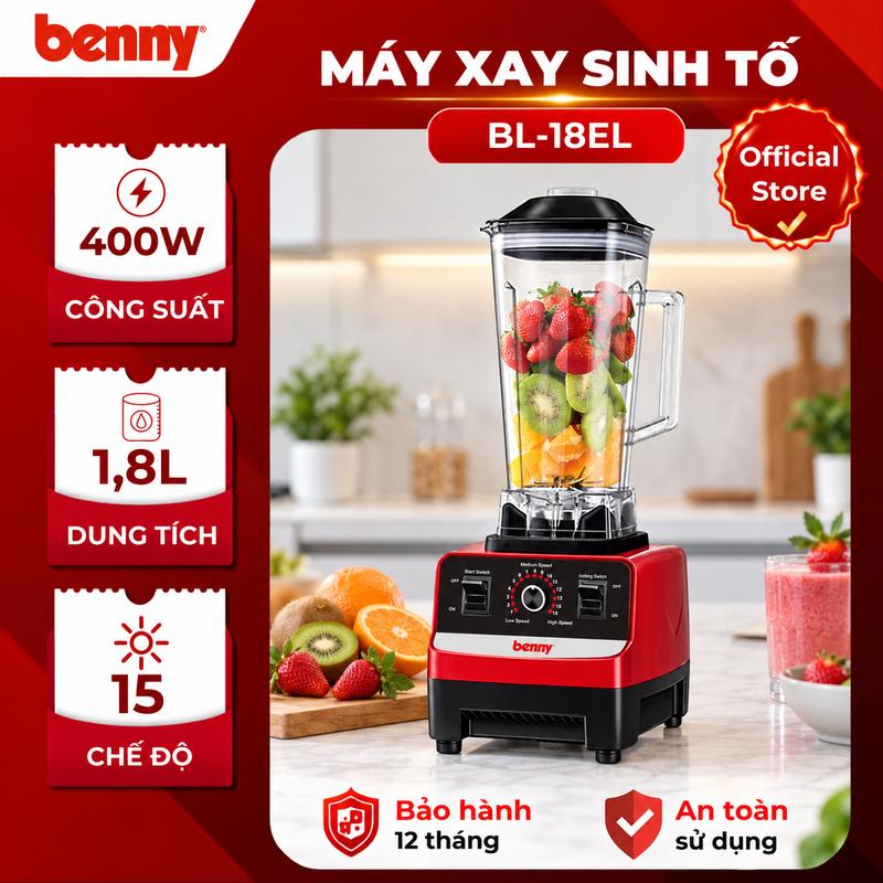 Máy Xay Sinh Tố Benny BL-18EL, máy xay bán công nghiệp 400W, dung tích 1.8 Lít, 02 cối nhựa ABS đa năng, an toàn sức khỏe, máy xay nhanh và khỏe