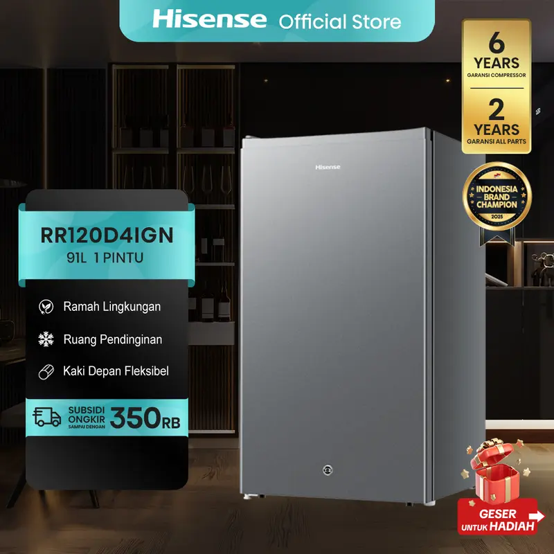 HISENSE-RR120D4IGN-Kulkas Kapasitas 91L-1 Pintu-Ramah Lingkungan-Ruang Pendinginan-Kaki Depan Dapat Disesuaikan-Compact Size-Seperate Chiller-2Liter Rak Muat Botol Ukuran 0