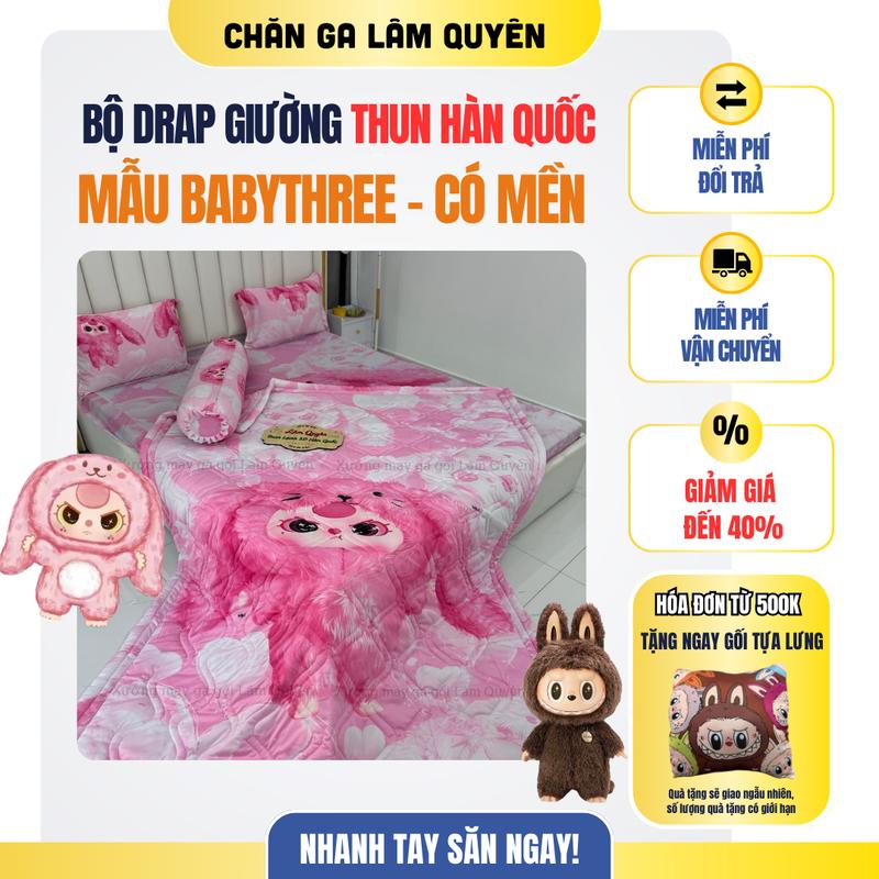 Mẫu BABYTHREE. Bộ ga giường ngủ có mền/chăn thun lạnh hàn quốc -bộ  chăn 5 món