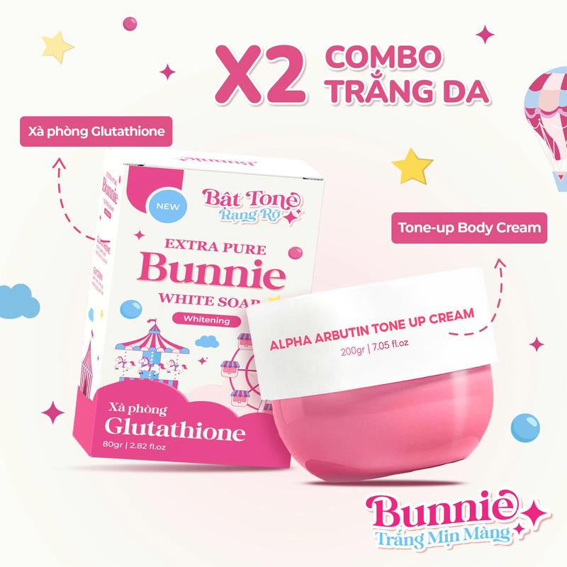 COMBO SÁNG DA Xà phòng Glutathione Bunnie 80g và Kem dưỡng Tone-up Body Cream Bunnie 200g hỗ trợ SÁNG DA NÂNG TONE X2 toàn thân