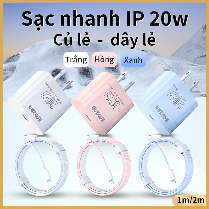 Bộ sạc nhanh IP , Đầu sạc nhanh PD20W, Cáp sạc nhanh 1m/2m,Trắng / Xanh / hồng,…