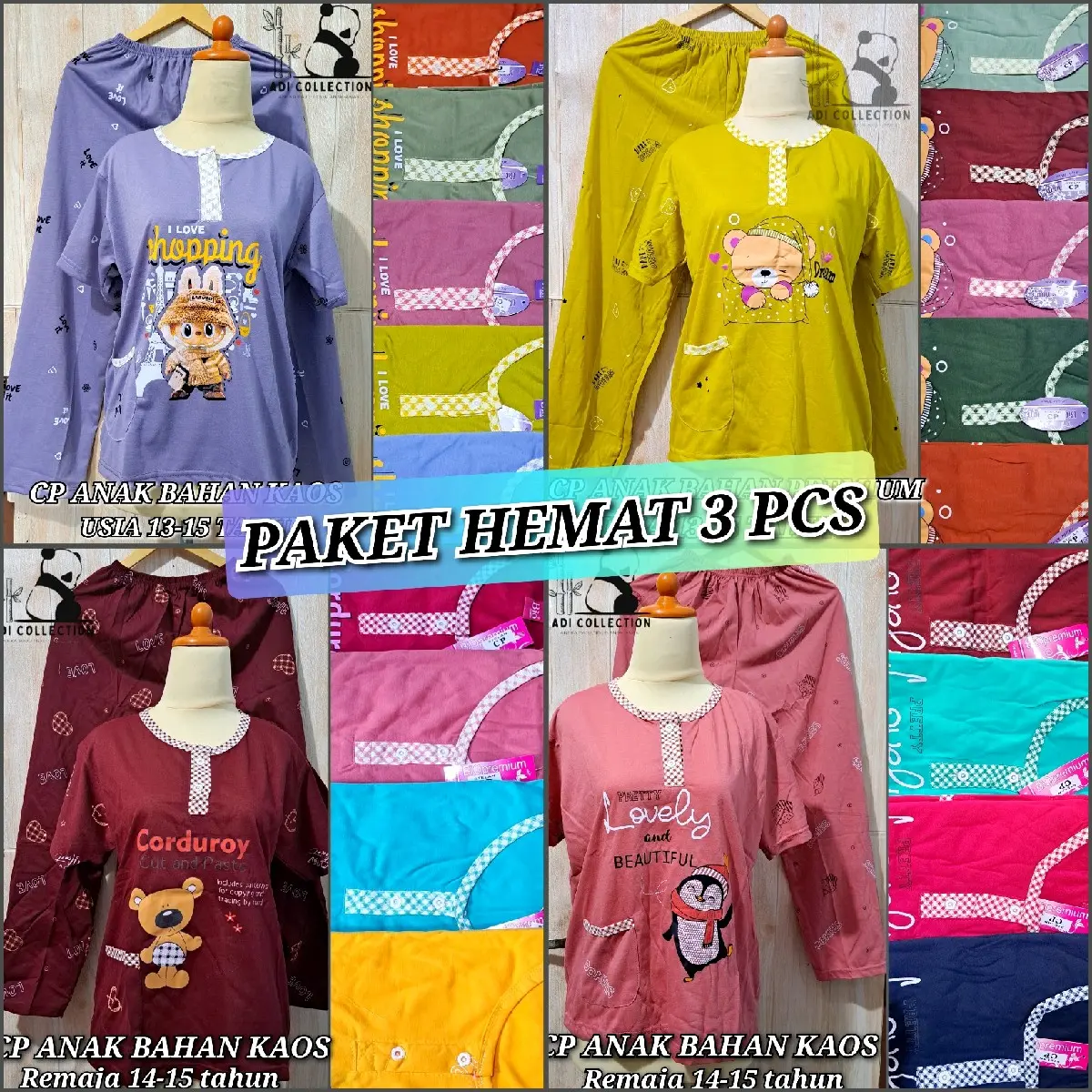 PAKET 3 PCS BAJU TIDUR ANAK UMUR 13 - 15 TAHUN SETELAN LENGAN PENDEK CELANA PANJANG // BABYDOLL PIYAMA ANAK TANGGUNG MOTIF LUCU // FASHION PREMIUM