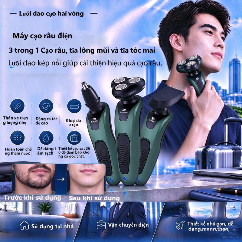 8DMáy cạo râu đầu trượt tỉa râu cắt lông mũi tỉa tóc mai 3 trong 1đa năng Máy cạo râu cạo sát da mini di động cầm tay cạo khô và ướt rửa toàn thân pin trâu ít tiếng ồn