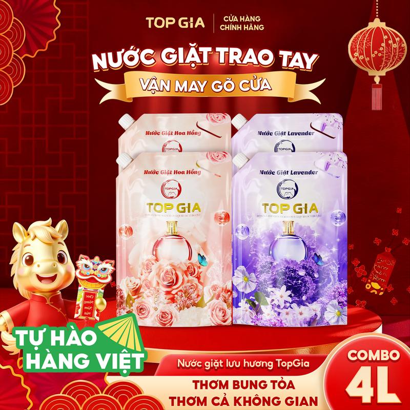 DEAL NĂM MỚI COMBO 4 Túi Nước Giặt Xả Hoa Hồng Hương Hoa Lavender Topgia 1L Nước giặt xả quần áo ngừa khuẩn hỗ trợ làm sạch an toàn cho bé và lưu hương dài lâu tới 72h nth SẢN XUẤT TRỰC TIẾP TẠI VIỆT NAM dhm nuochoa nội bộ