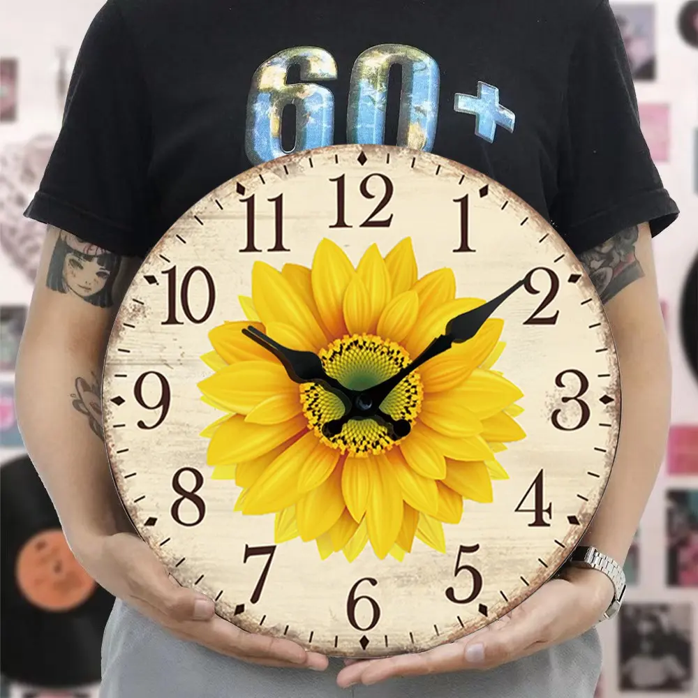 Battery Operated Retro Sunflower Clock Wooden Round Silent Wall Clock Non-Ticking Modern Hanging Wall Decor Clocks Living Room