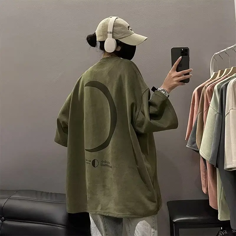 M-3XL suede velvet moon men and women couples American casual loose neutral wind short-sleeved T-shirt trendy ins wind black green apricot color
