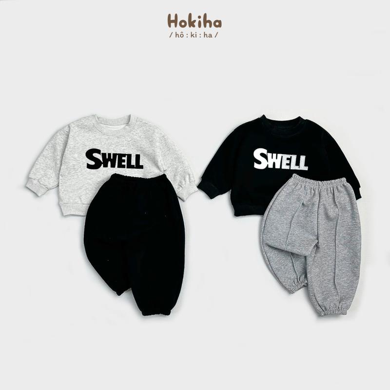 [Hokiha Kids] TE681 - Bộ quần áo dài tay cho bé trai bé gái thêu chữ SWELL chất nỉ ép 2 da mềm mại, thấm hút mồ hôi size 8-17kg