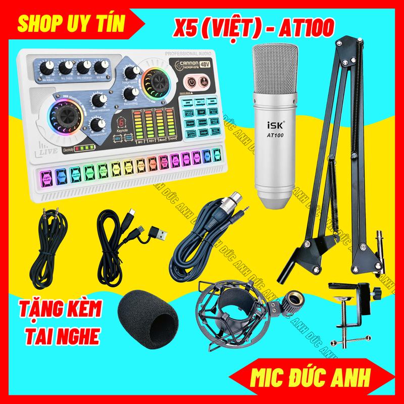  Bộ Mic Thu Âm AT100 Sound Card X5 Màu Trắng Đời Mới Chuyên Livestream Dùng Được Cho Mic 5V Và Micro 48V Tặng Kem Tai Nghe 