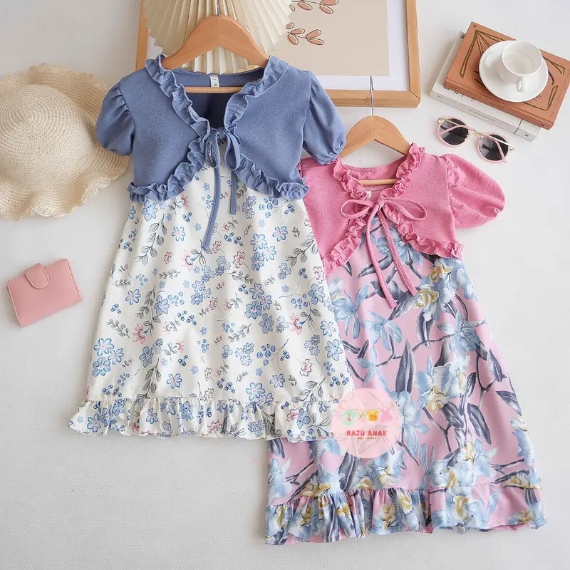 Baju Anak Perempuan - Oneset Anak Yuwari Motif Flora 2 in 1 Terlaris / Fashion Dress Anak Perempuan & Outer Korean Style Terbaru 0