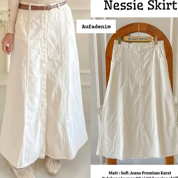 ROK PUTIH,ROK DUYUNG,nessie skirt, rok panjang jins, rok cewek,rok hijab, ootd hijab belt rok flare
