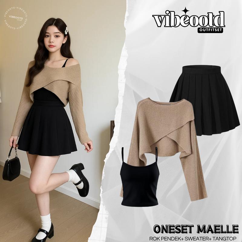 Maelle Outfit Set Wanita Rok Mini Pendek Katun baju Sweater