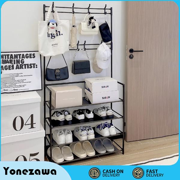Kệ Để Giày Dép, Kệ Giày Dép Chữ L 3-5 Tầng Inox Có Móc Treo Chắc Chắn,  Giá để giày đa năng nhiều tầng- Giá treo áo tích hợp để giày mũ- Giá treo phòng ngủ, phòng khách Kitchen