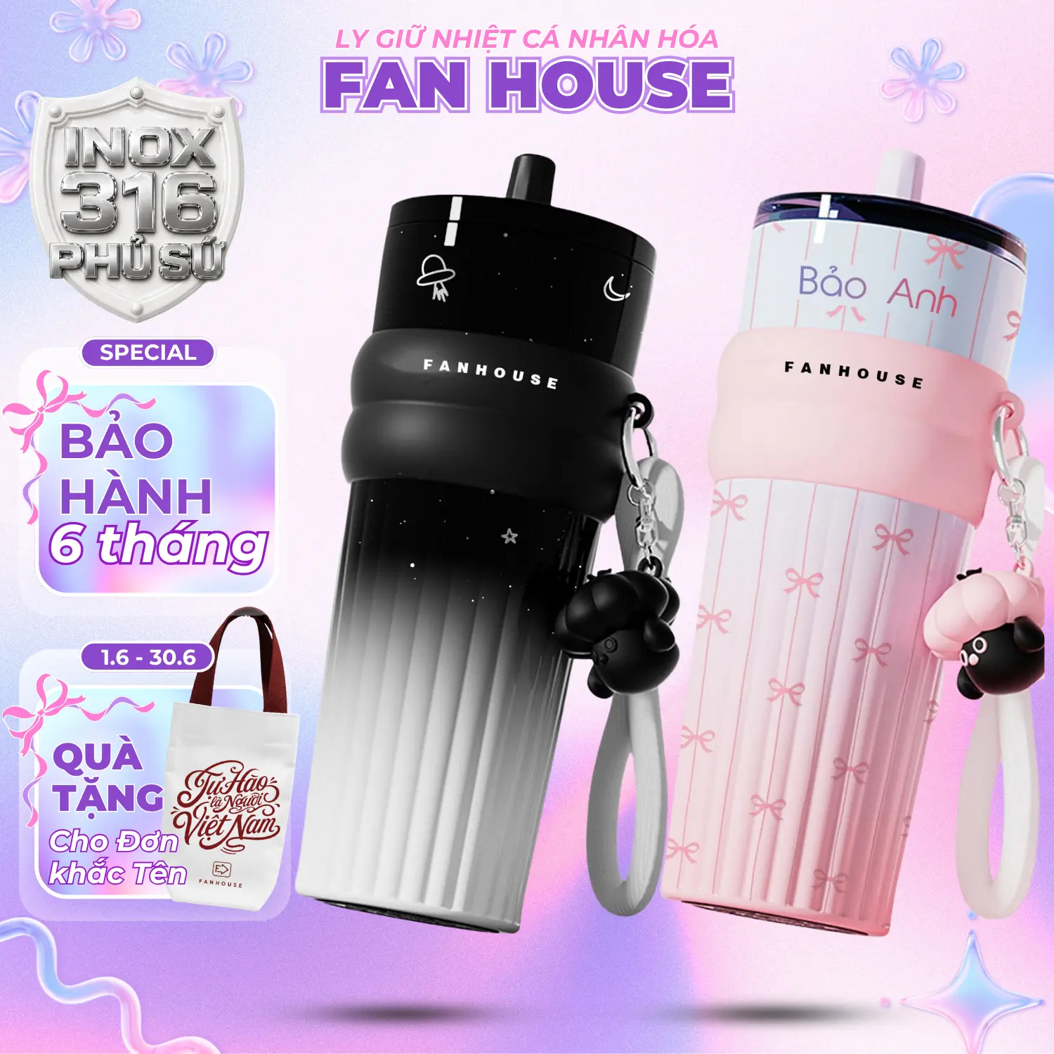 Ly giữ nhiệt Candy Ceramic 710ml inox 316 phủ sứ ống hút linh động Fan House khắc tên theo yêu cầu