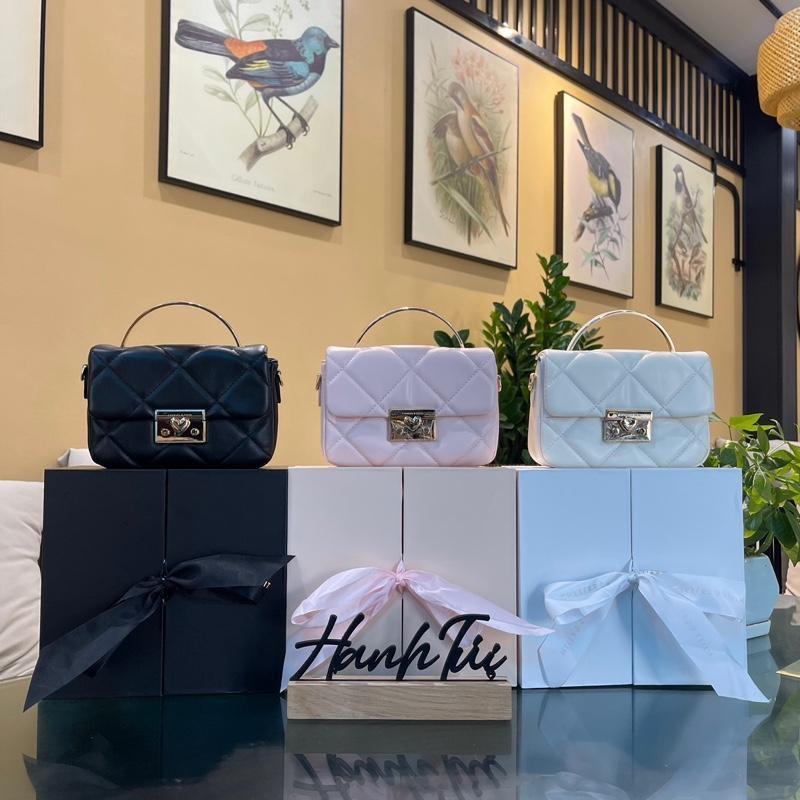 CÓ HỘP Túi xách nữ quai kiềng khoá tim kèm charm và lắc tay hộp nơ Kem Bag Da Đeo Chéo