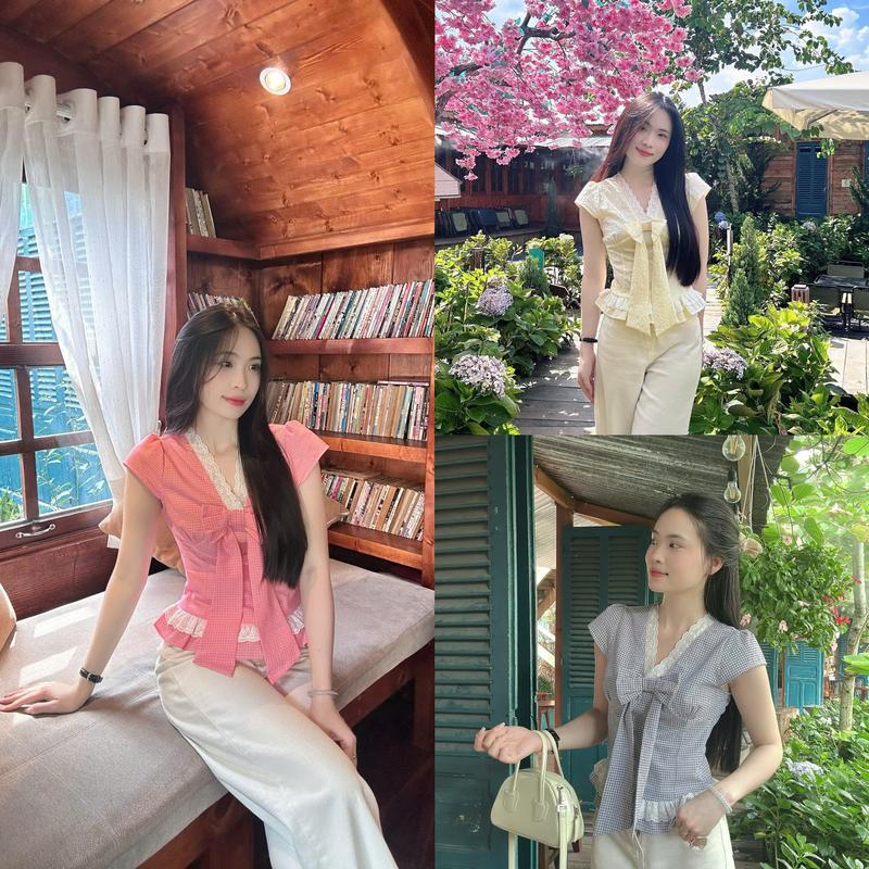 SALE Áo sơ mi nữ hottrend cổ V phối ren nơ bản to xinh xắn LAMO - B1459