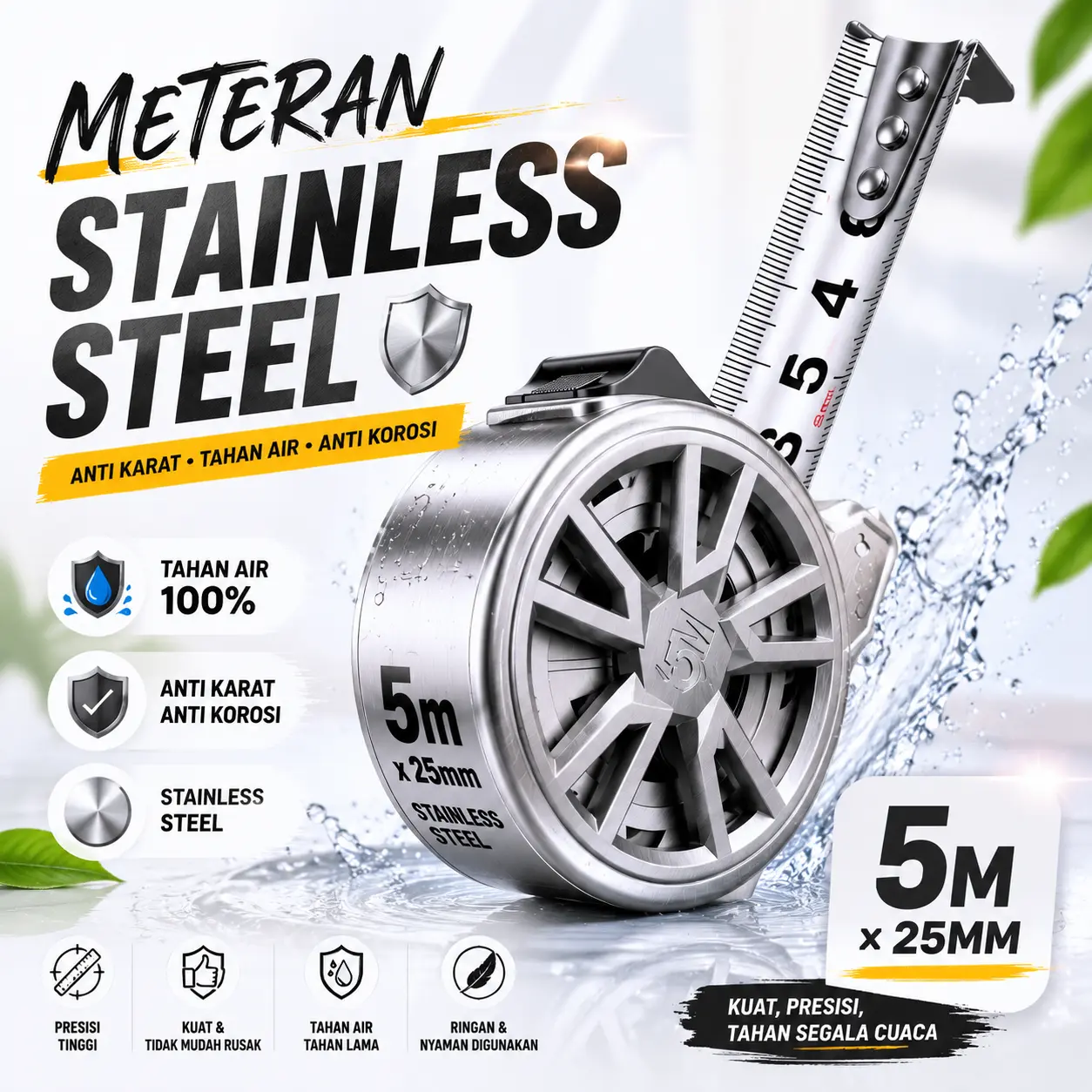 Pita Ukur Stainless Steel Tahan Air, Anti Karat, Anti Noda, Tebal, Presisi Tinggi 5 Meter, Multifungsi, Tahan Lama, Dapat Dicuci, Pita Ukur Berlubang