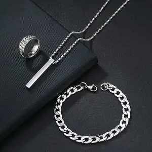 Satu Set Kalung Gelang Bonus + Cincin Liontin Balok Silver Pria Wanita Stainless Steel Hip hop Titanium Elegan