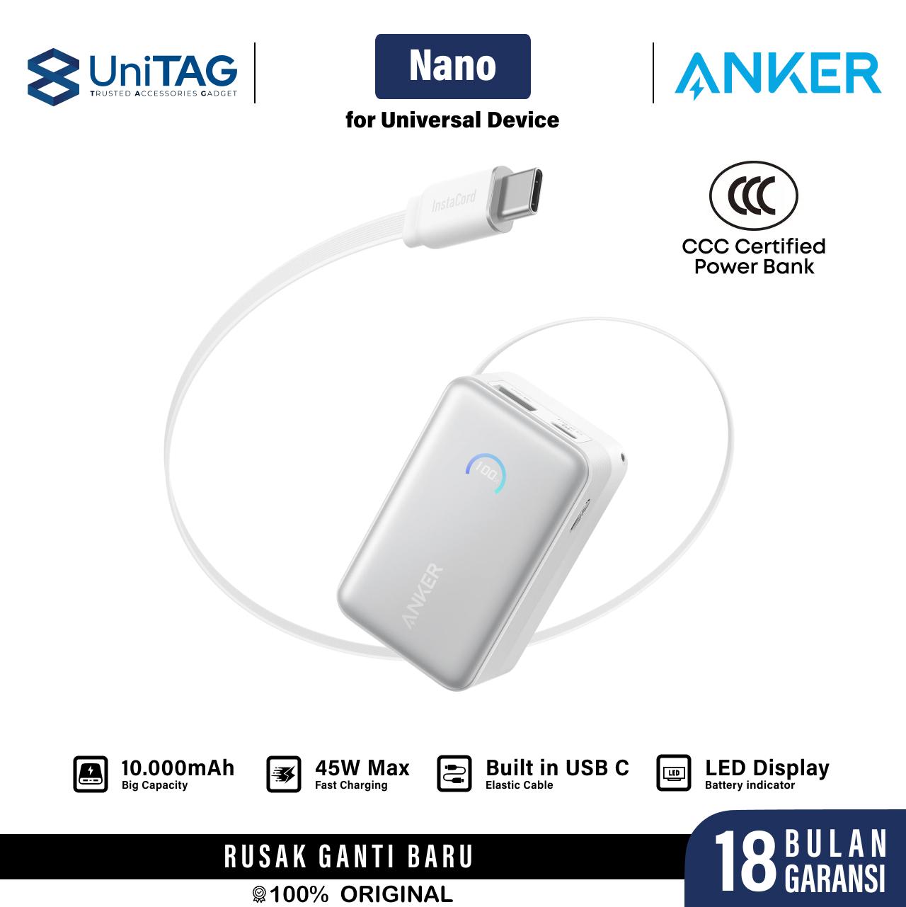 Anker Powerbank Built-in USB C Retractable Cable 10000mAh Nano - Black A1638H11