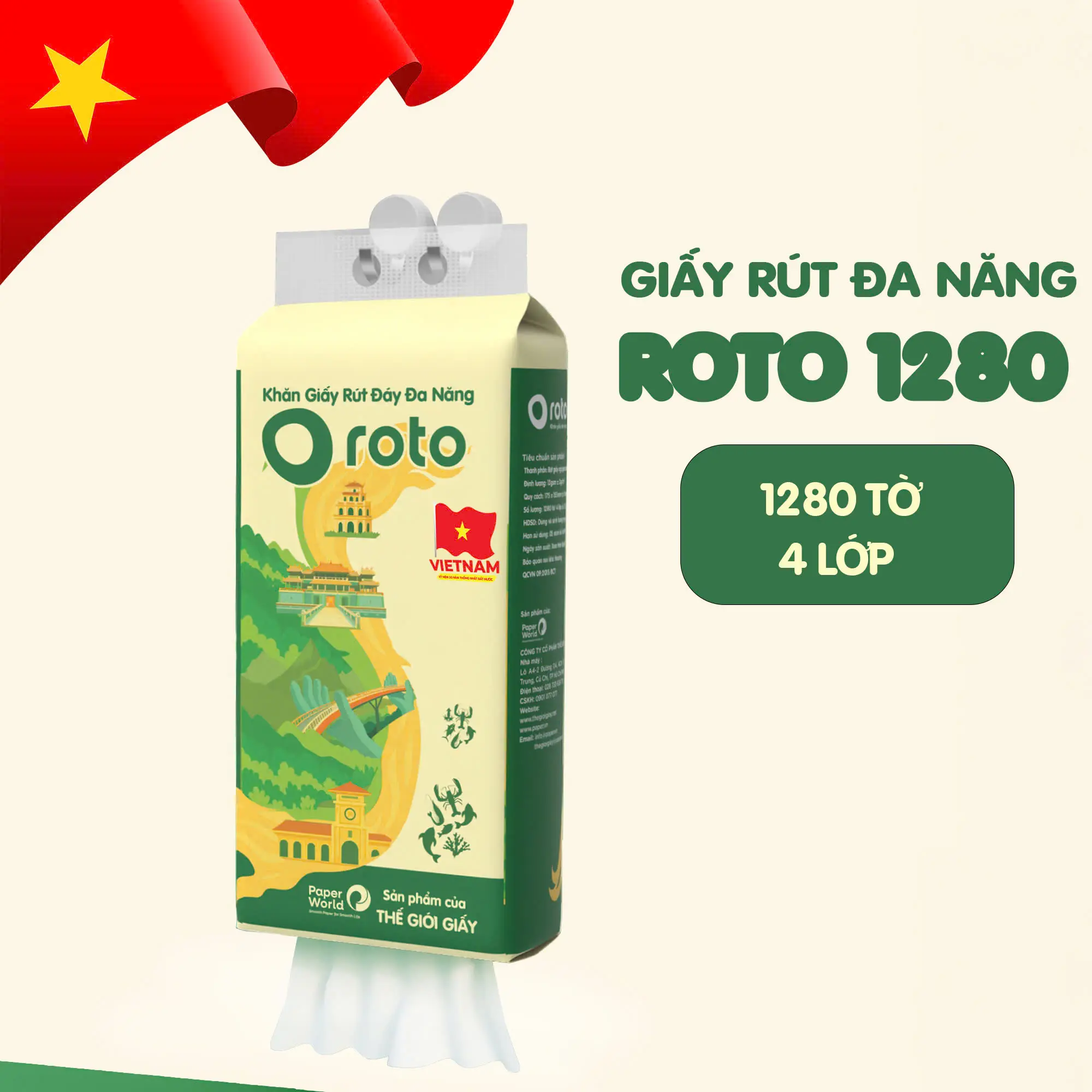 [Quà tặng] 1 Gói Khăn giấy đa năng cao cấp Roto rút treo tuờng 4 lớp cao cấp 1280 tờ, bột giấy nguyên sinh | Thế Giới Giấy | RT1280. Giấy Ăn giay  rut Toilet