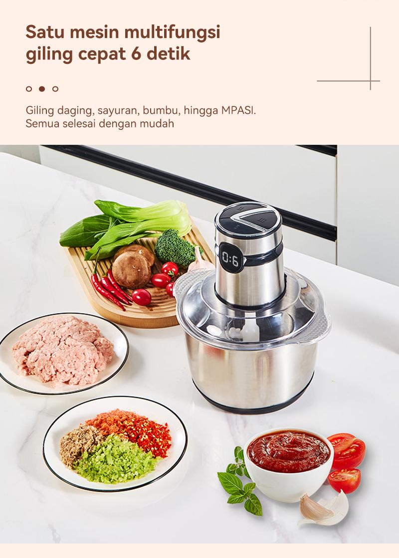 Penggiling/blender daging rumah tangga untuk daging, sayuran, dan buah-buahan, kapasitas 2 liter.