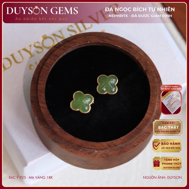 Khuyên tai cỏ 4 lá đính ngọc bích tự nhiên Jade Type A, bông tai bạc 925 mạ vàng 18k Duyson Silver