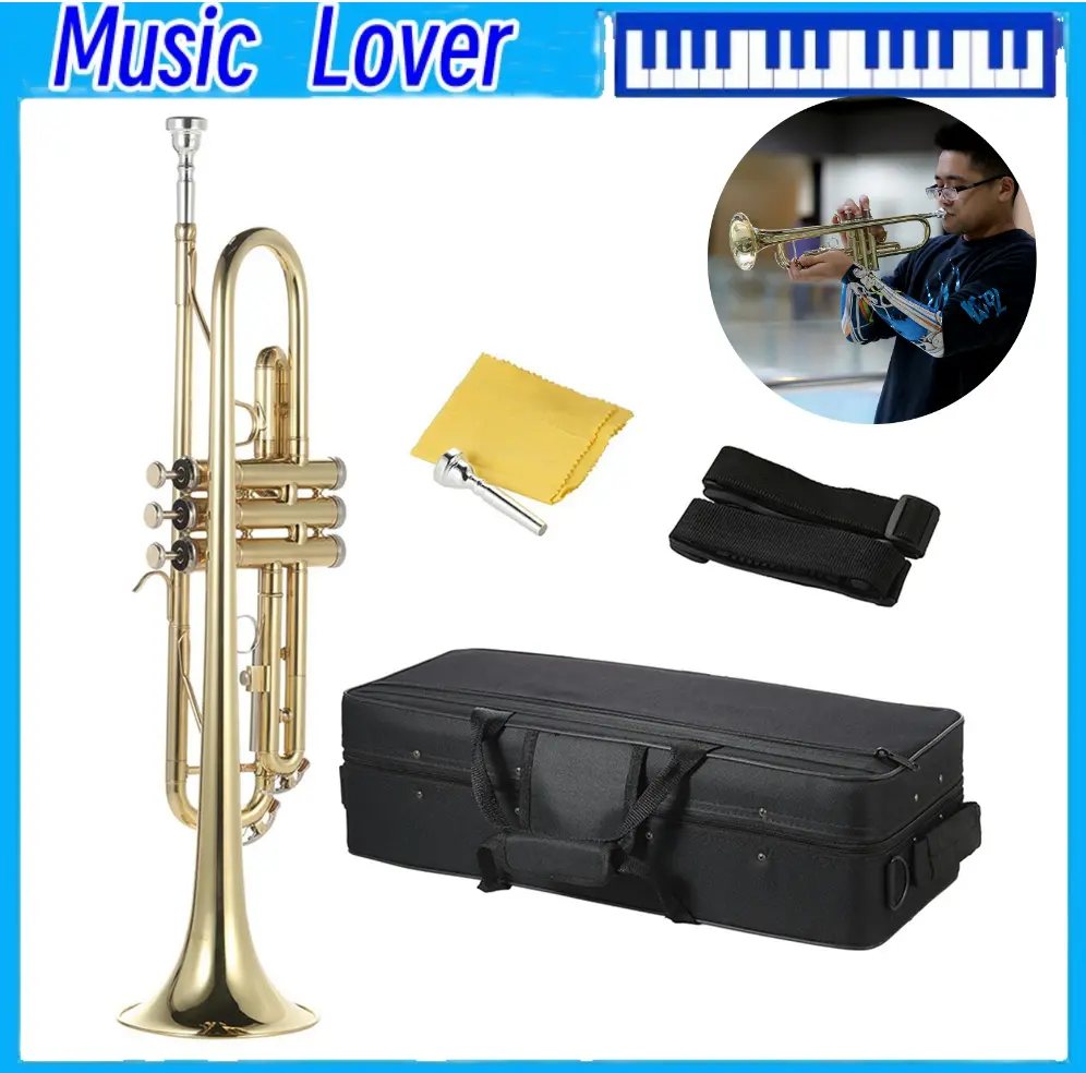 ammoon Trumpet Bb Flat Brass Gold-painted Exquisite Durable Musical Instrument with Mouthpiece Gloves Strap Case