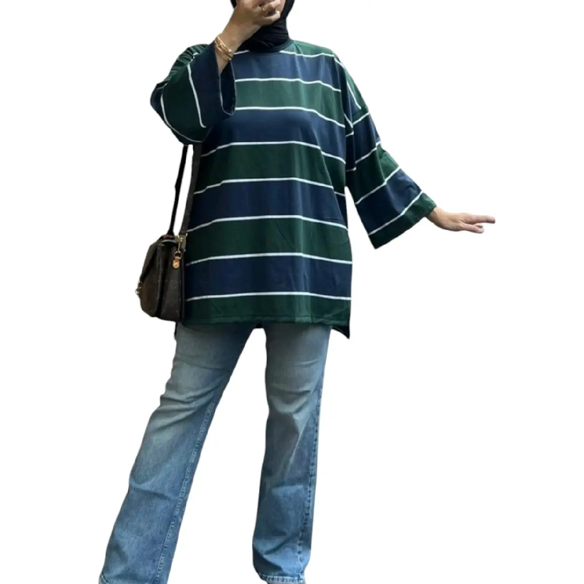 Santai Tshirt Casual Womenswear Tops Cotton Stripe Oversize Tshirt