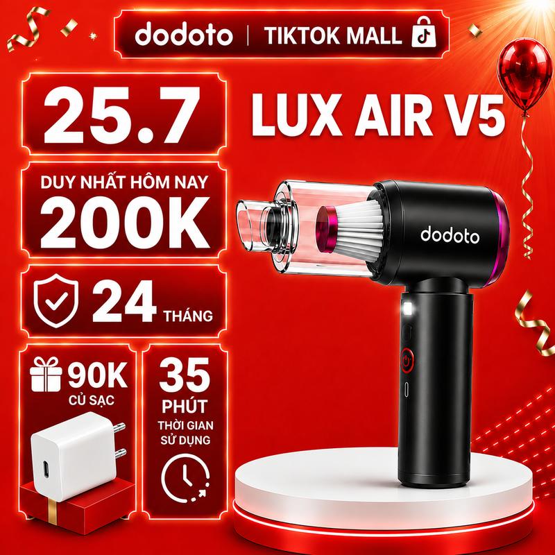 Lux Air V5 Máy hút bụi cầm tay không dây 5in1 dodoto Tặng kèm củ sạc - lực hút 30000Pa, công suất 160w, động cơ không chổi than, máy gọn nhẹ dùng cho bàn làm việc, ô tô, gia đình, giường đệm bảo hành  24 tháng