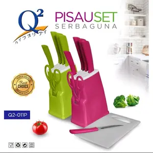 Pisau Set Q2-011P - Pisau Set Talenan - Pisau Daging - Pisau Sayur - Pisau Pengupas Buah - Pisau Ikan - Gunting Dapur - Tempat Pisau - Pisau Roti Kitchenware Peralatan Hijau Pink Plastik