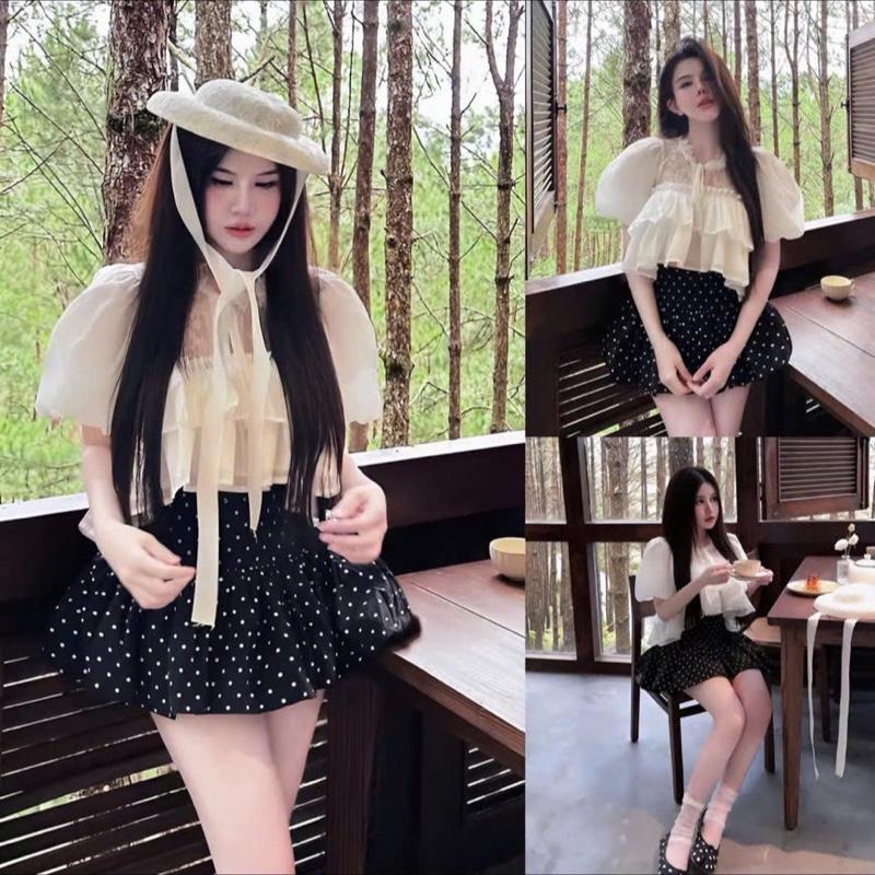 BỘ CỔ REN TAY BỒNG+ CHÂN VÁY CHẤM BI DÁNG BÍ bigsize 48-90kg