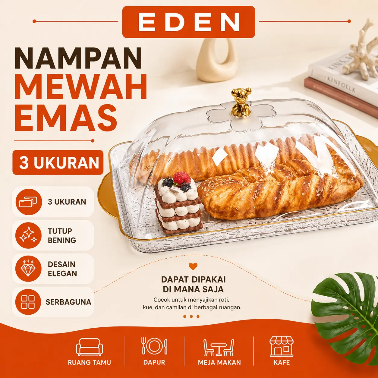 Eden - Nampan Tray Mewah Dengan Pegangan Handle Gold | Ideal Untuk Makanan atau Buah