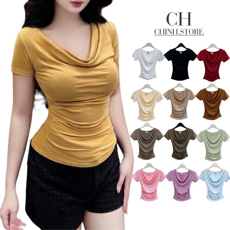 B36 - Phom nhỏ Áo thun cổ đổ Nữ tay ngắn chất Bozip Lụa QC mềm nhún eo 2 bên hông Top Women