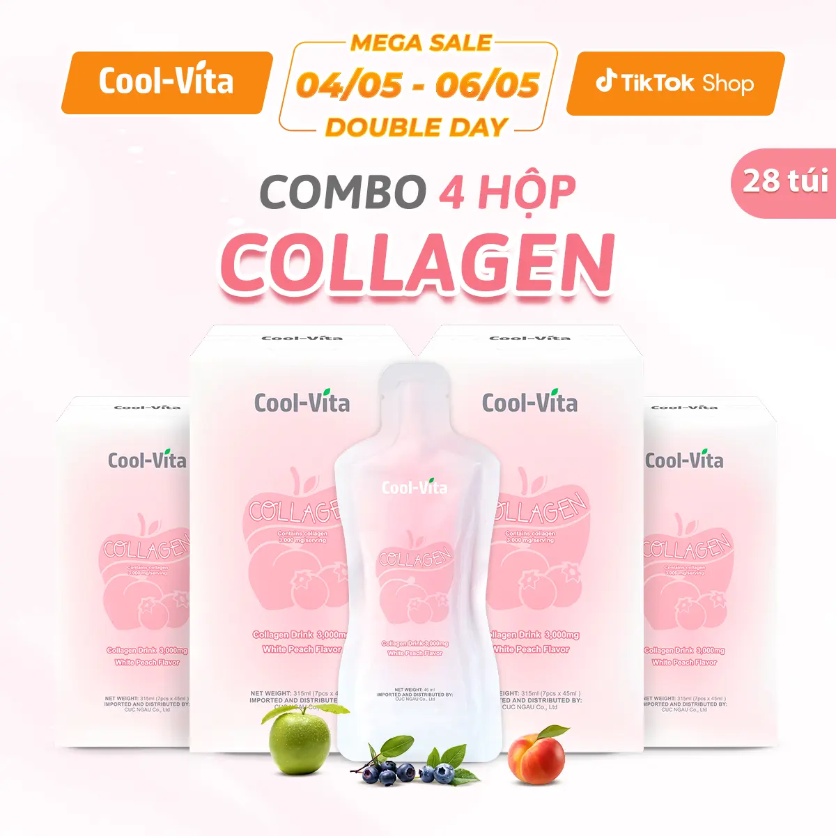[Live] Combo 4 Hộp Nước Uống Collagen Peptide 3000mg Coolvita Hỗ Trợ Trẻ Hóa Sáng Da, Hỗ Trợ Dưỡng Tóc và Móng (45ml× 7 túi)/hộp
