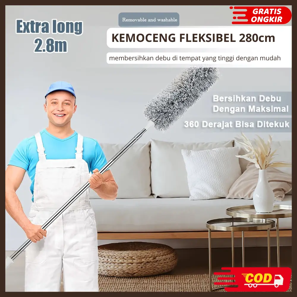 Kemoceng Bulu Microfiber Fleksibel 280cm dengan Stick Extendable Panjang Teleskopik