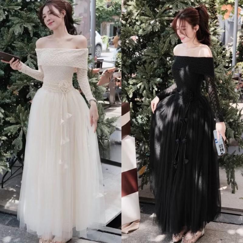   Có BigSize  Đầm ren dài bẹt vai tay dài phối tùng lưới bồng xoè hoa eo Kho Sỉ Hải Chuyền Đ067 