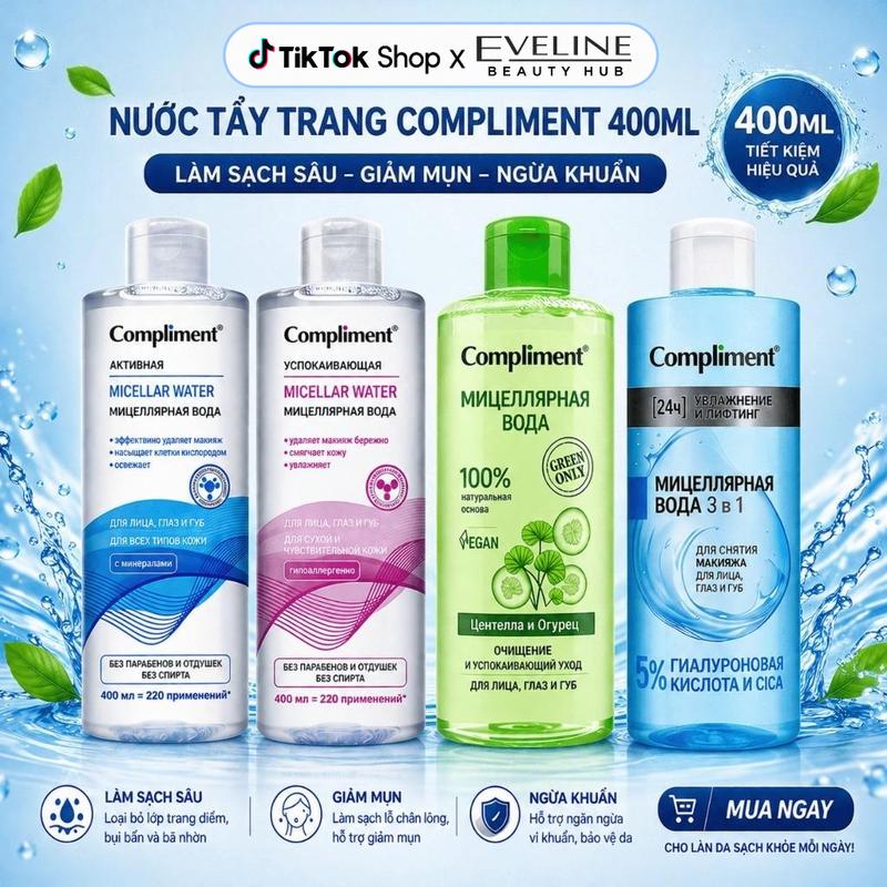 Nước Tẩy Trang Compliment Giúp Làm Sạch Sâu Da Mặt, Cấp Ẩm, Dành Cho Da Mụn & Nhạy Cảm | 400ML
